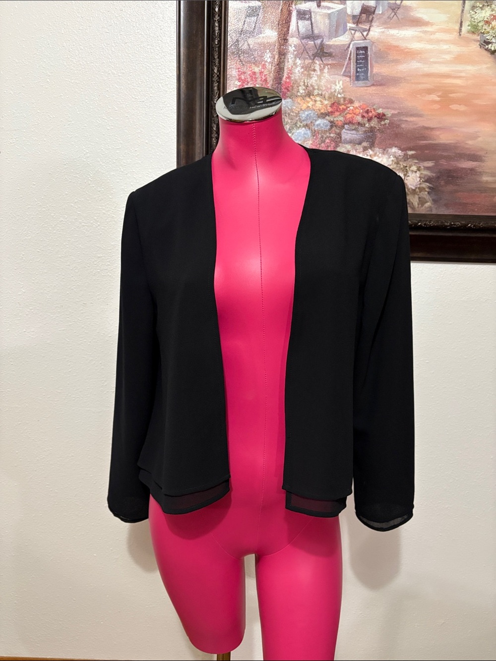 Joseph Ribkoff Black Sheer Dress Jacket Women Size 8 Open Cardigan Shoulder Pads